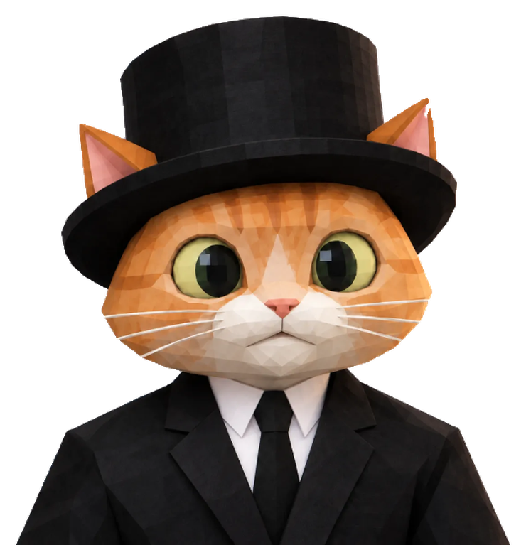 Cat Agent, a low-poly orange tabby cat in a black top hat, black suit and tie