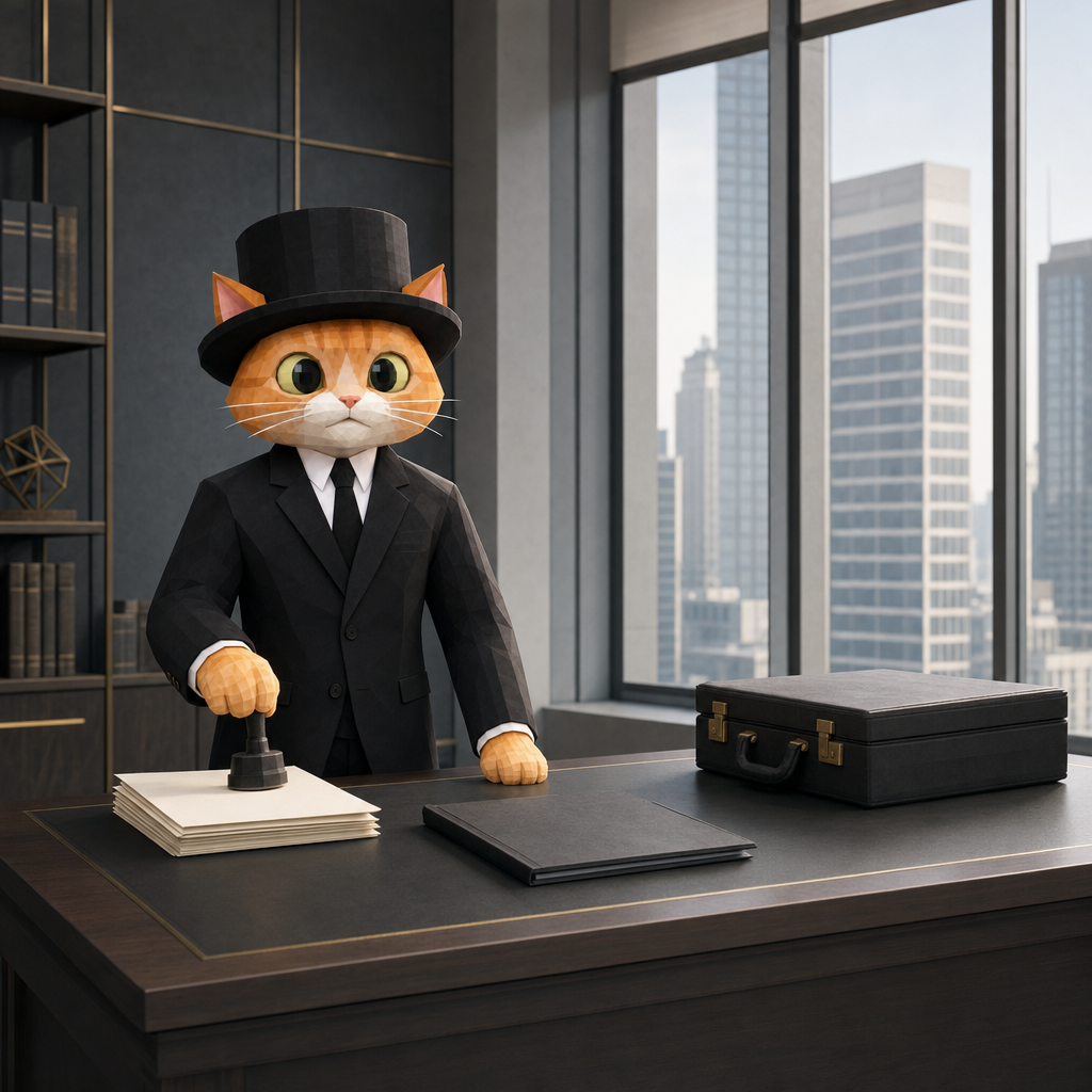 Cat Agent standing at a desk in a corner office, stamping papers beside a locked black briefcase